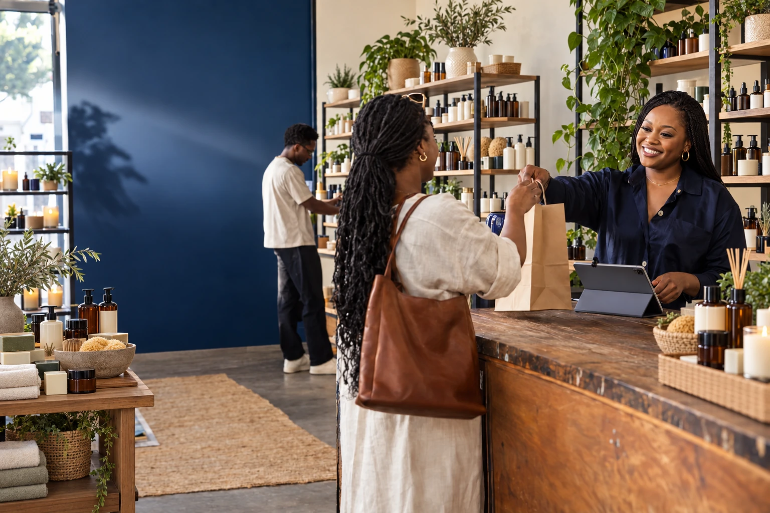 A Mery Plus beauty retailer helping a customer while a teammate prepares an order